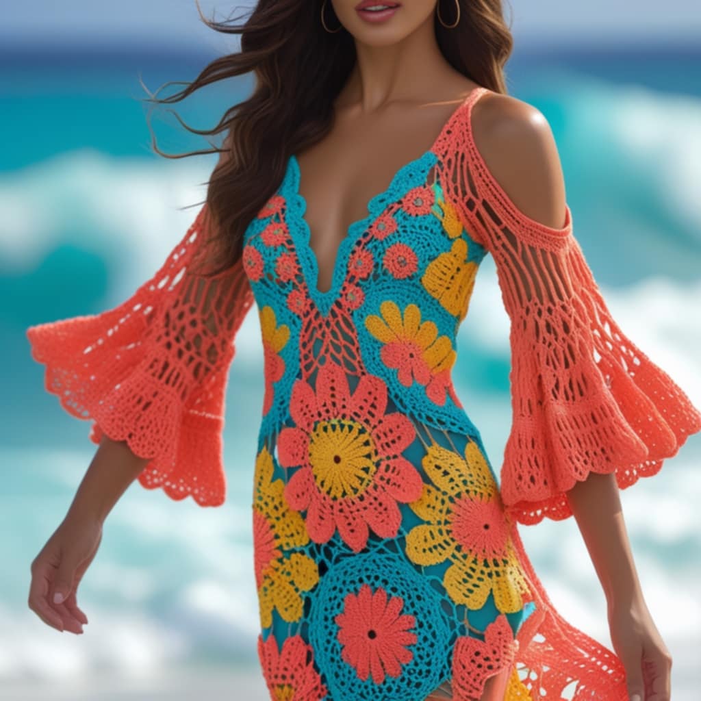 Orange Patch Floral Crochet Dress