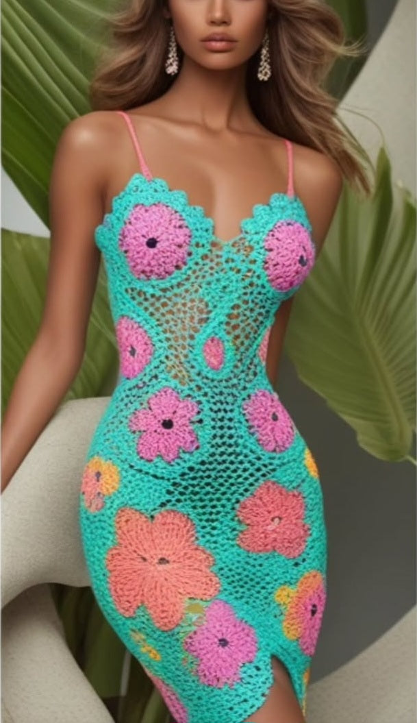 Rose Mesh Halter Crochet Mini Dress