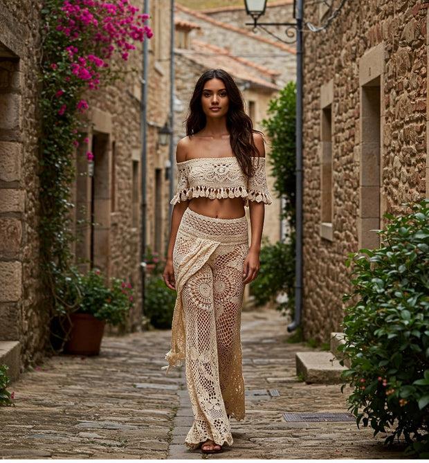 Mesh Crochet Trousers With Croptop