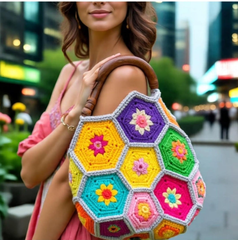 Hexagonal Shape Granny Square Shoulder Handle Bag