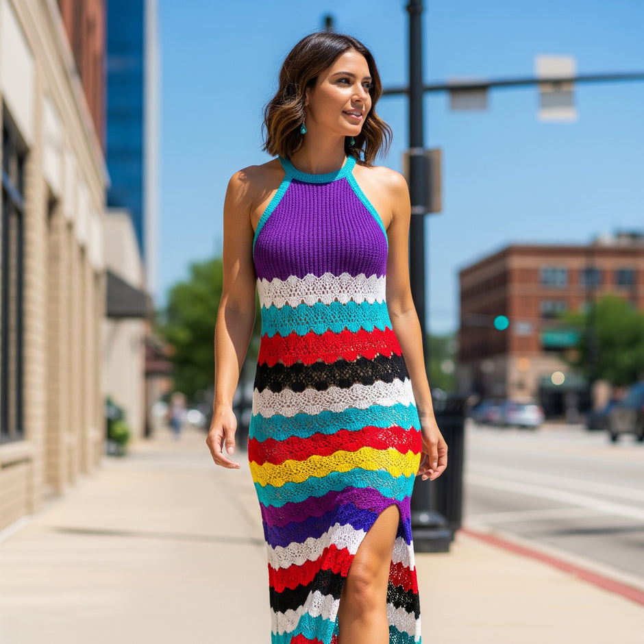 Striped  Crochet Dress - Crochet Beach Dress -Colorful Striped Dress - Crochet Maxi Dress - Multicolor Boho Crochet Dress