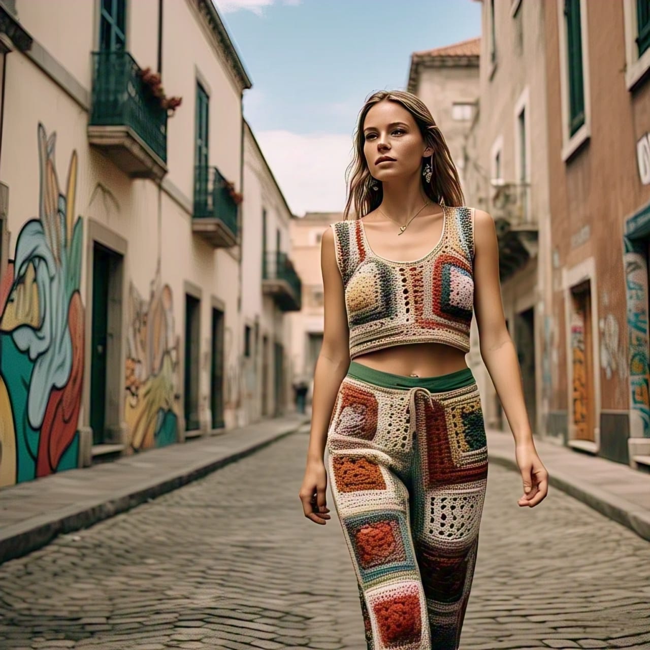 Boho Patch-square Multi-Colour Crochet Trousers