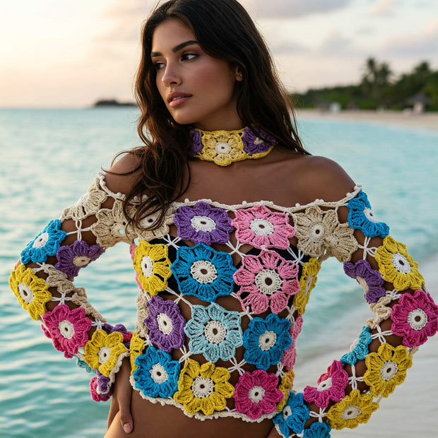 Floral  Multi-Layered Crochet Long Sleeve Crop Top