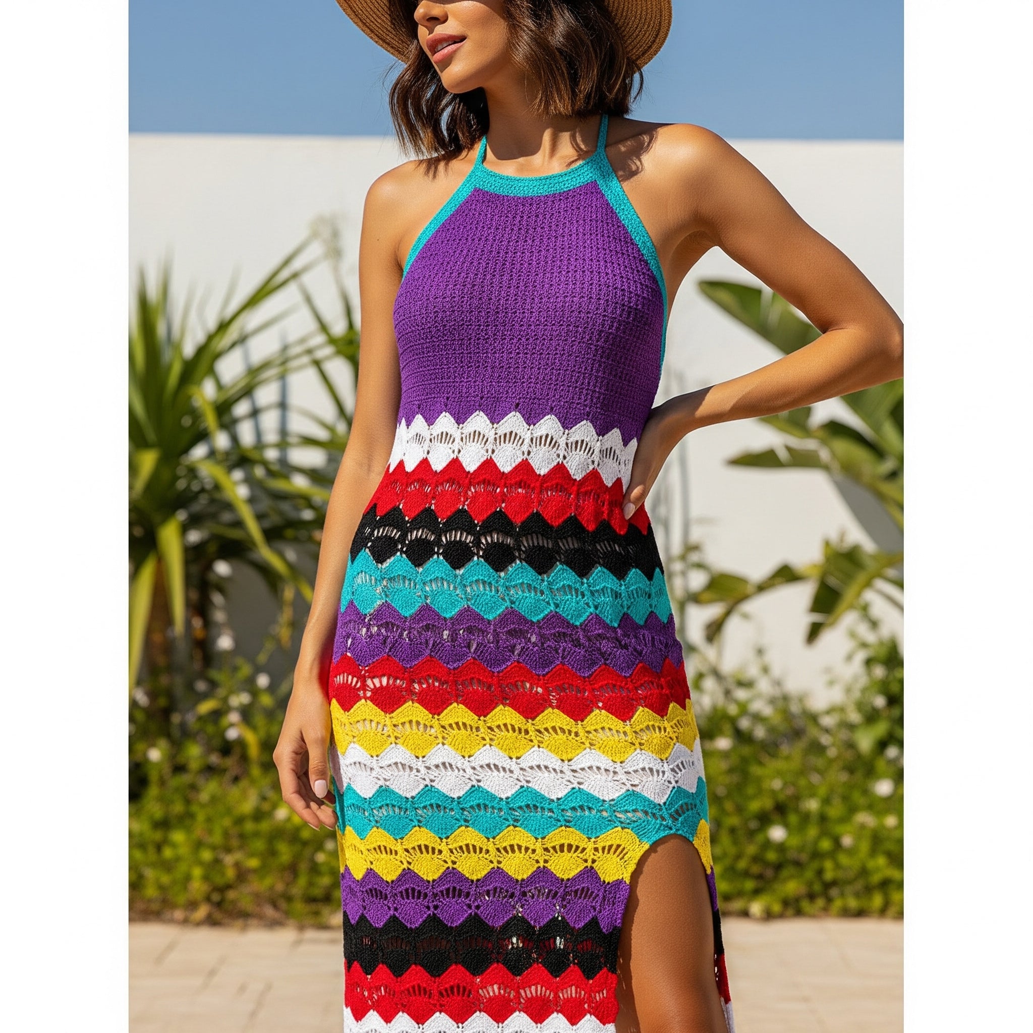 Striped  Crochet Dress - Crochet Beach Dress -Colorful Striped Dress - Crochet Maxi Dress - Multicolor Boho Crochet Dress