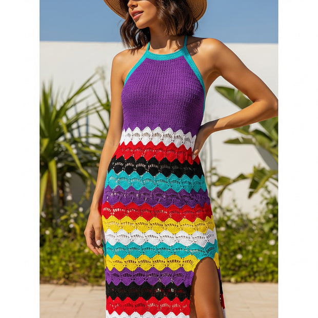 Striped  Crochet Dress - Crochet Beach Dress -Colorful Striped Dress - Crochet Maxi Dress - Multicolor Boho Crochet Dress