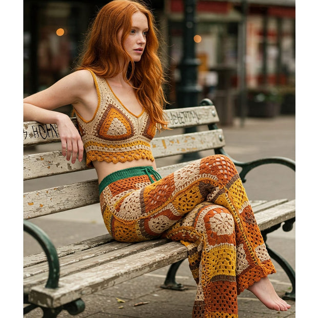 Boho Patch-square Multi-Colour Crochet Trousers
