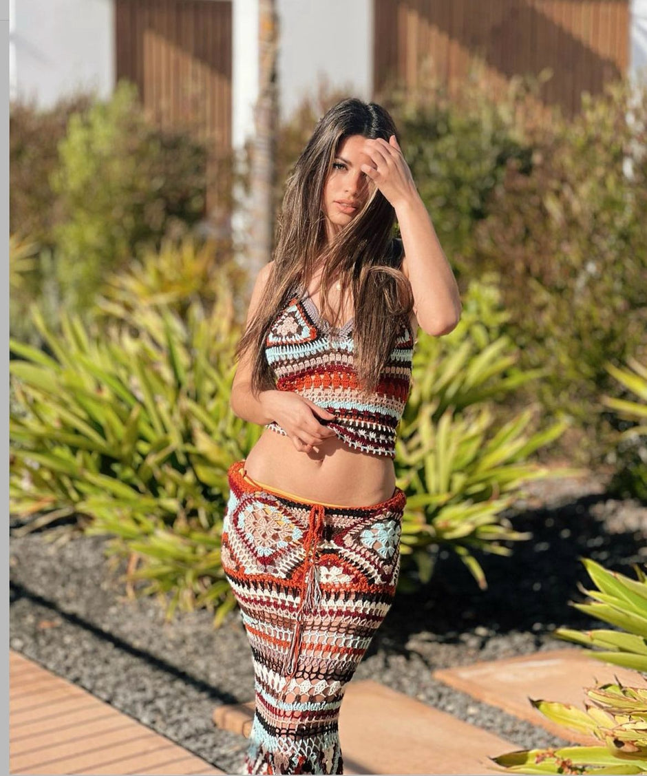 Boho Granny Square Maxi Skirt, Halter Top,Outfit