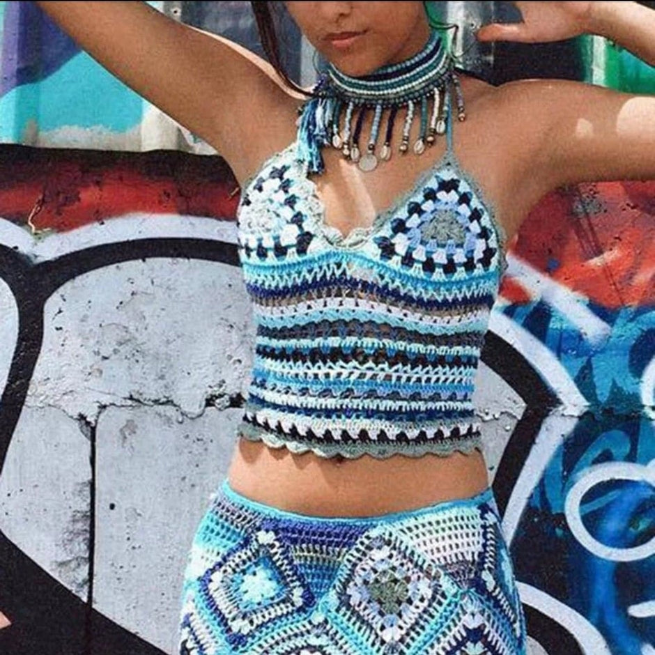 Boho Granny Square Maxi Skirt, Halter Top,Outfit