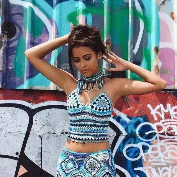 Boho Granny Square Maxi Skirt, Halter Top,Outfit