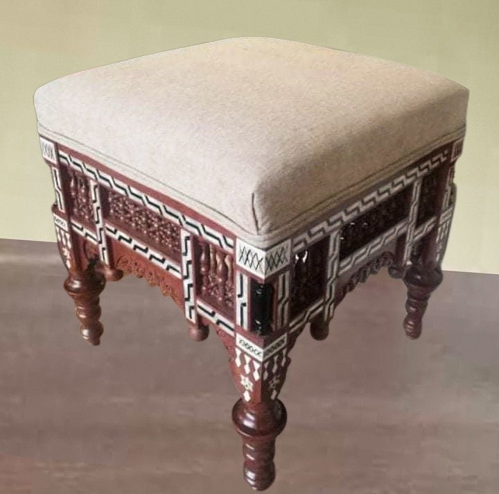 Carved Arabesque Pouf Chair Ornamented with Mother of Pearl Inlay