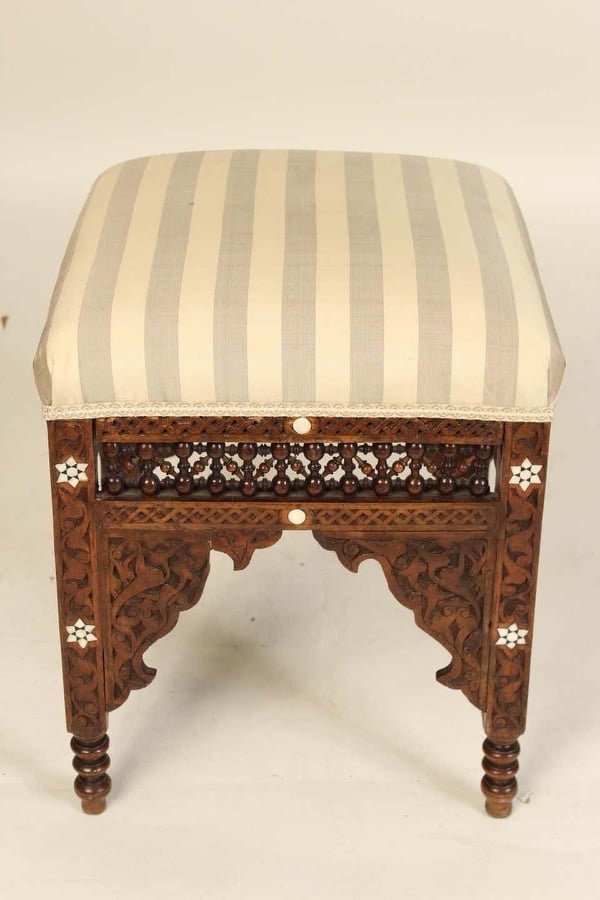Carved Arabesque Pouf Chair Ornamented with Mother of Pearl Inlay
