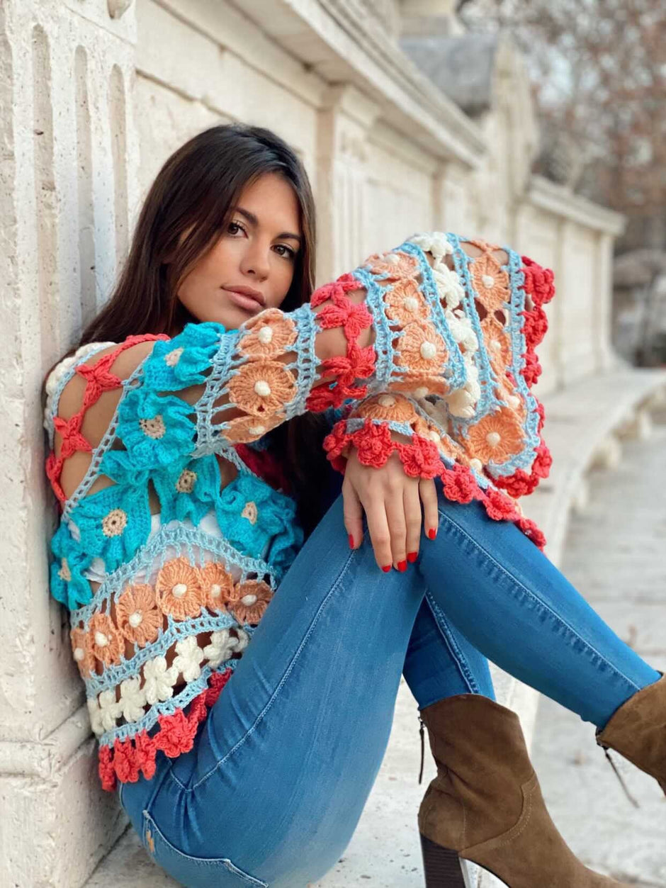 Multi Colour Floral Flare Sleeve Jumper