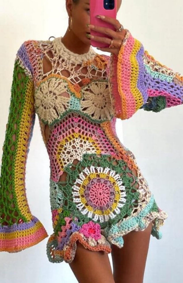 Patch Long Sleeve Floral Crochet Dress