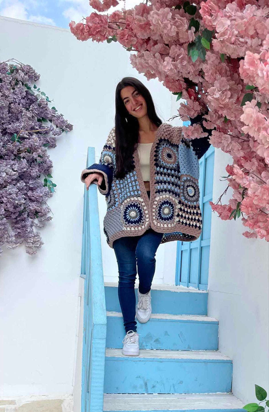 Granny Square Long Winter Jacket with long sleeves