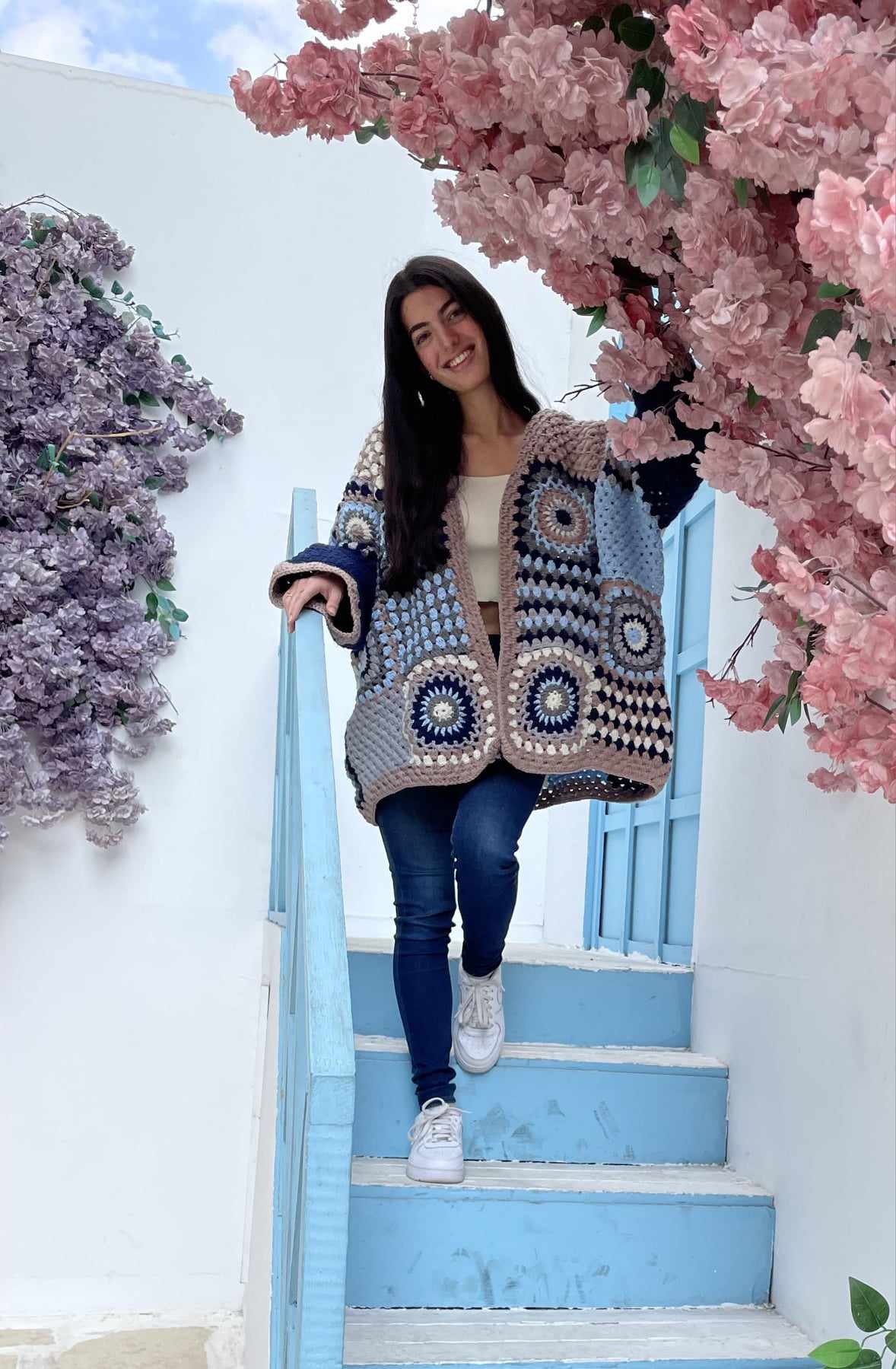 Granny Square Long Winter Jacket with long sleeves