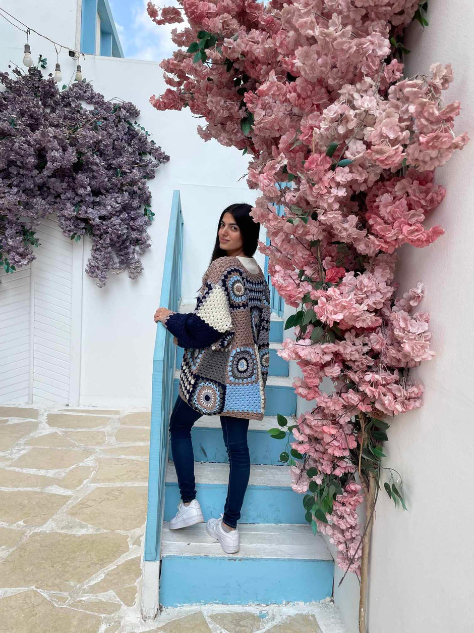 Granny Square Long Winter Jacket with long sleeves