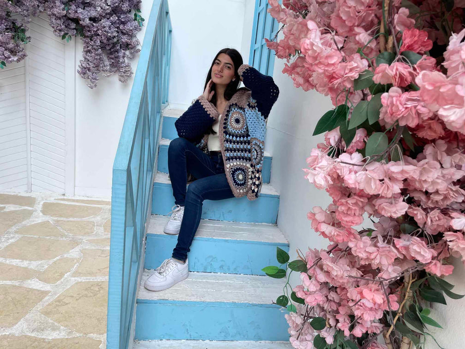 Granny Square Long Winter Jacket with long sleeves