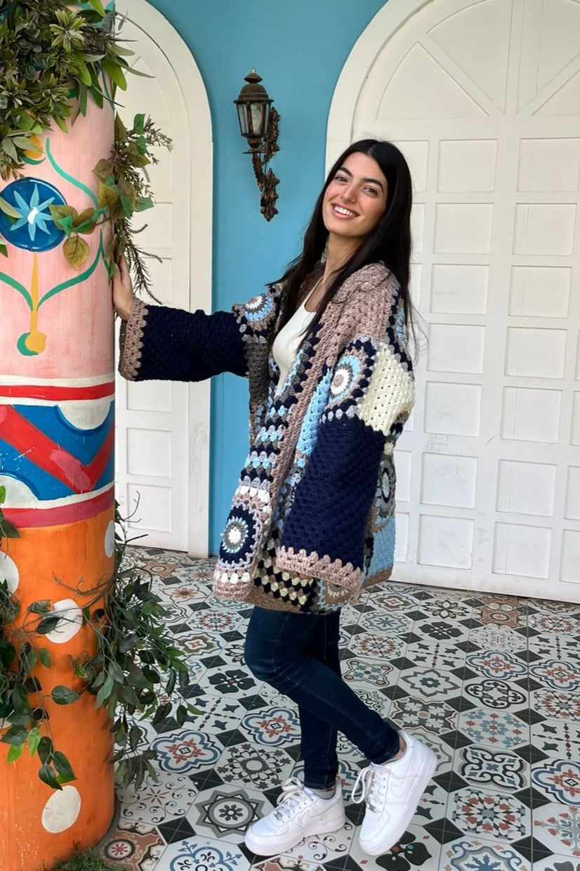 Granny Square Long Winter Jacket with long sleeves