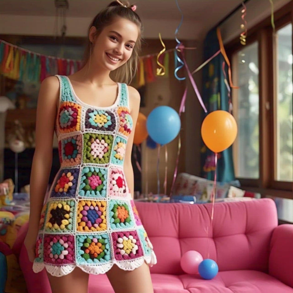 Multi-Color Granny Square  Mini Dress