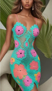 Rose Mesh Halter Crochet Mini Dress