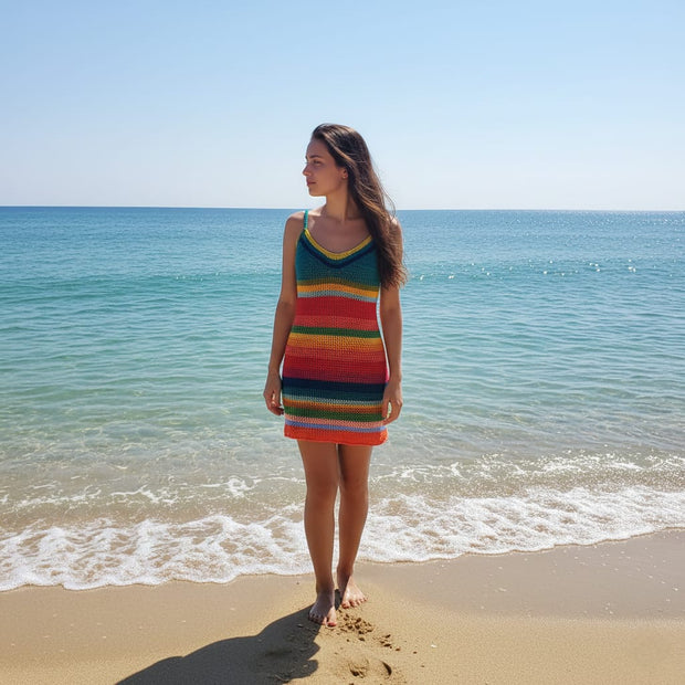 Striped Crochet Mini Dress - Multi-colour Boho Crochet Dress