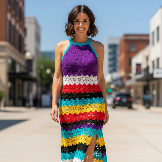 Striped  Crochet Dress - Crochet Beach Dress -Colorful Striped Dress - Crochet Maxi Dress - Multicolor Boho Crochet Dress