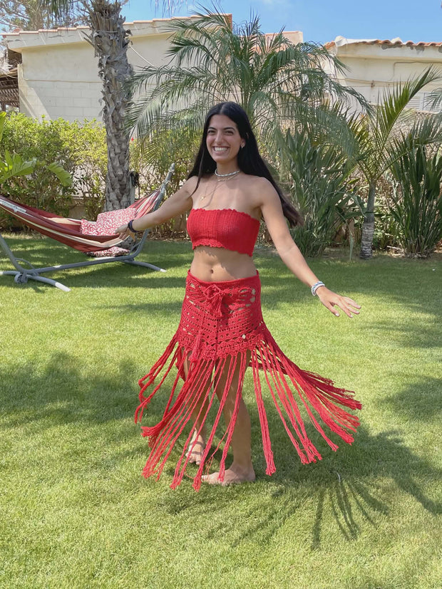 Crimson Boho-Chic Crochet Two-Piece Set