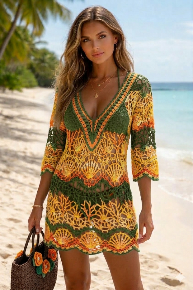 Island Sunset Crochet Mini Dress