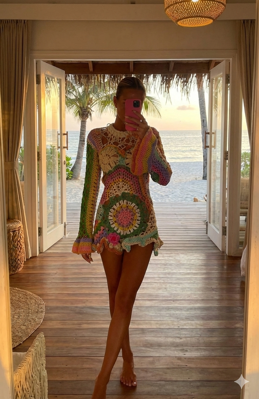 Patch Long Sleeve Floral Crochet Dress