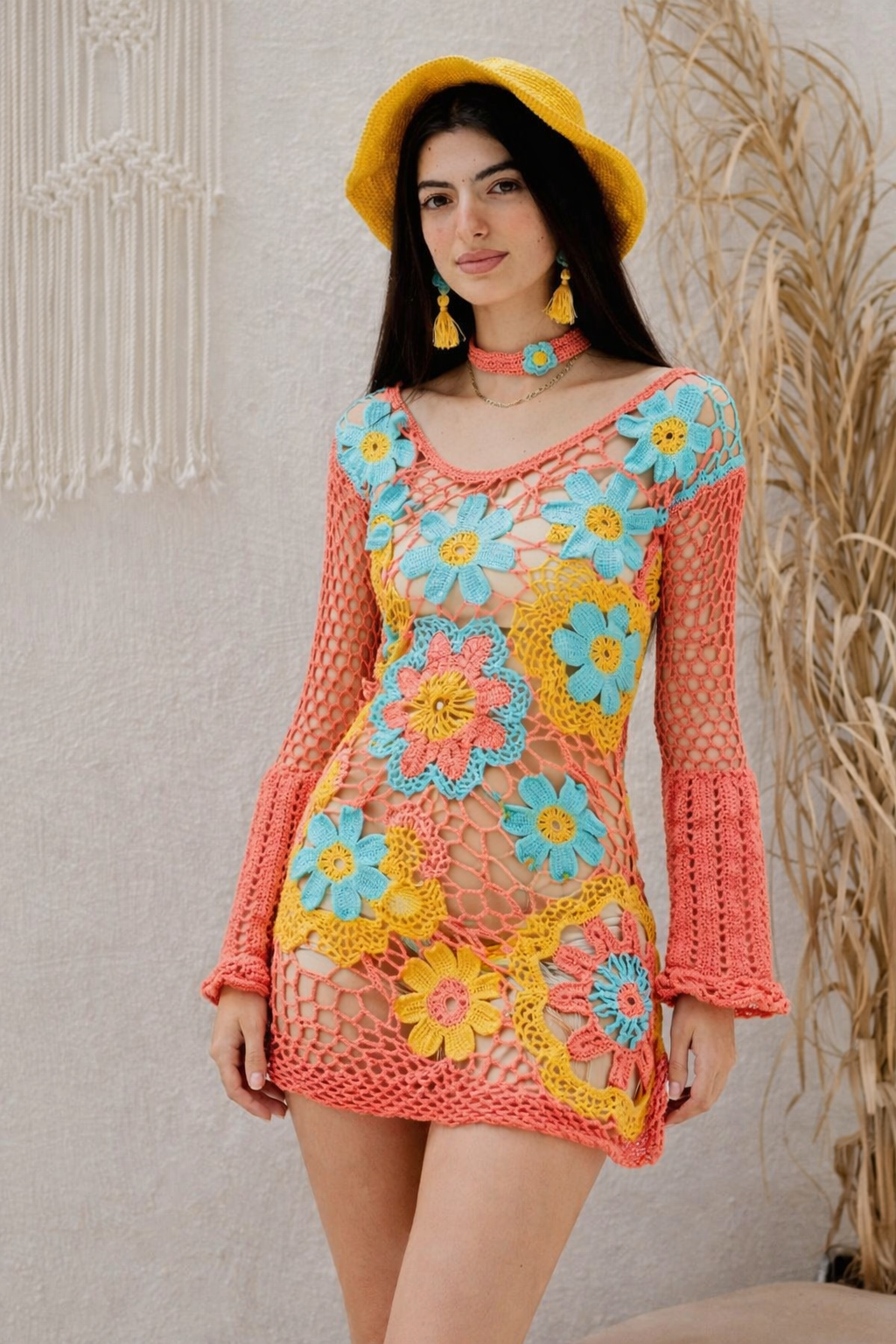Orange Patch Floral Crochet Dress