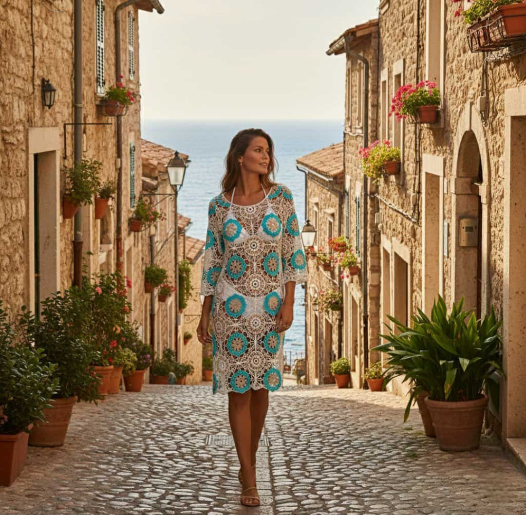 Granny Square Short Sleeve Midi Dress