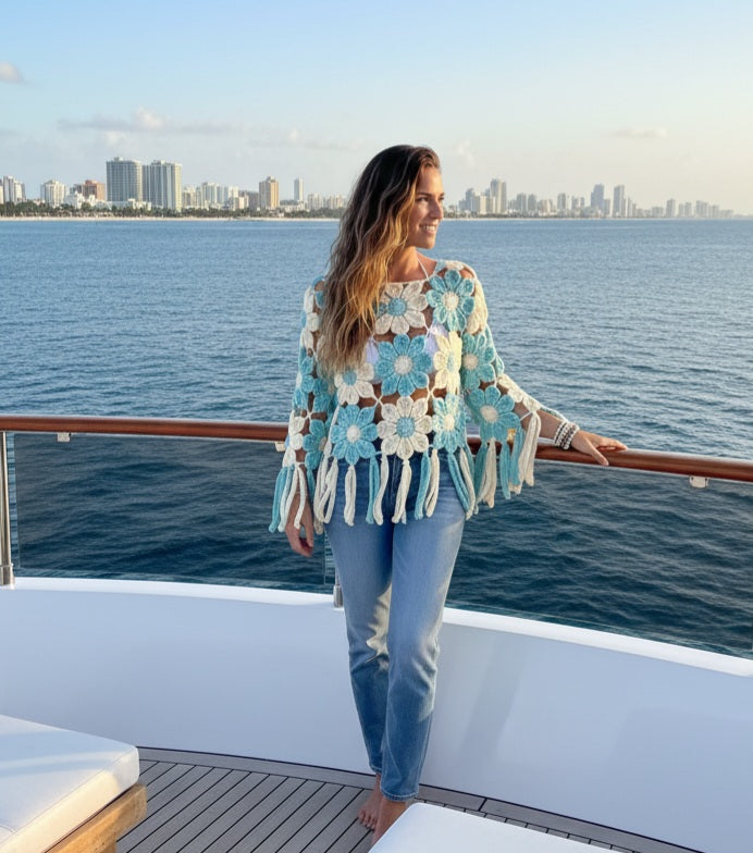 Aqua blue flower motifs