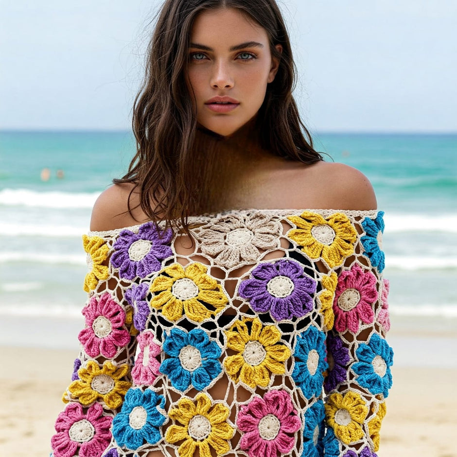 Floral  Multi-Layered Crochet Long Sleeve Crop Top