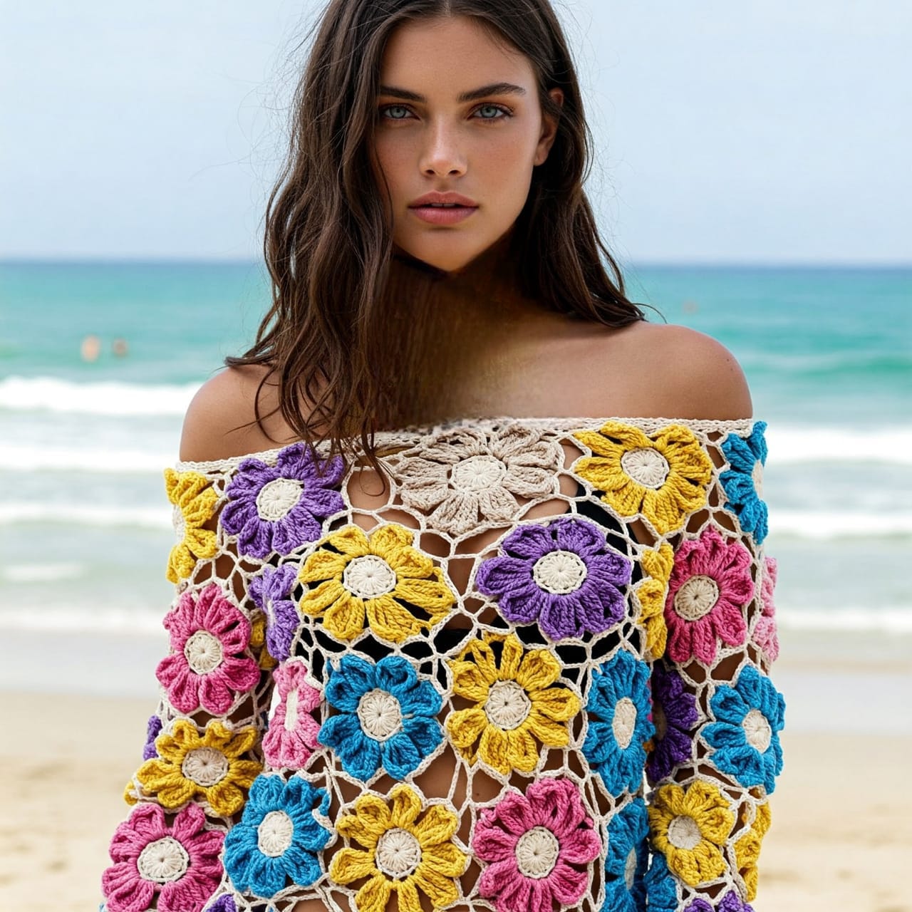 Floral  Multi-Layered Crochet Long Sleeve Crop Top