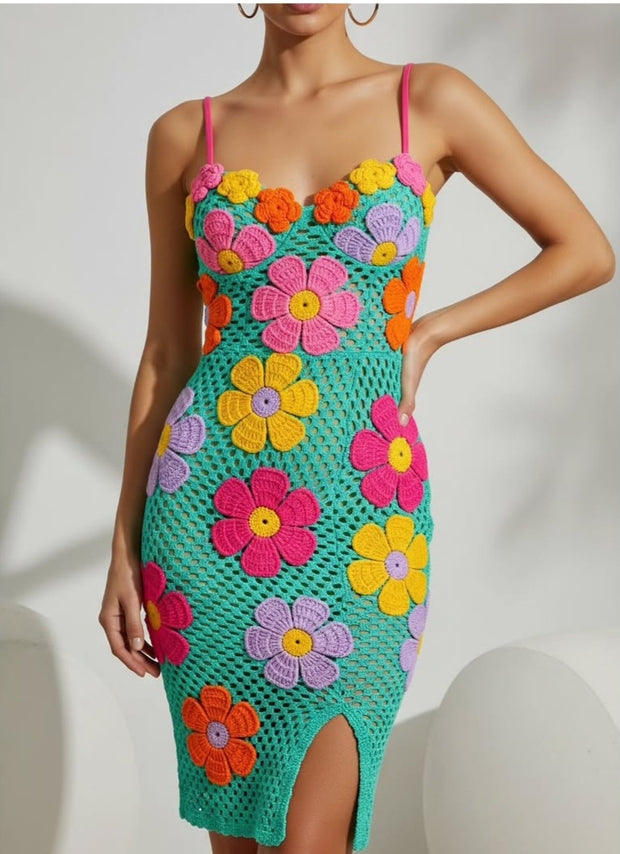 Rose Mesh Halter Crochet Mini Dress