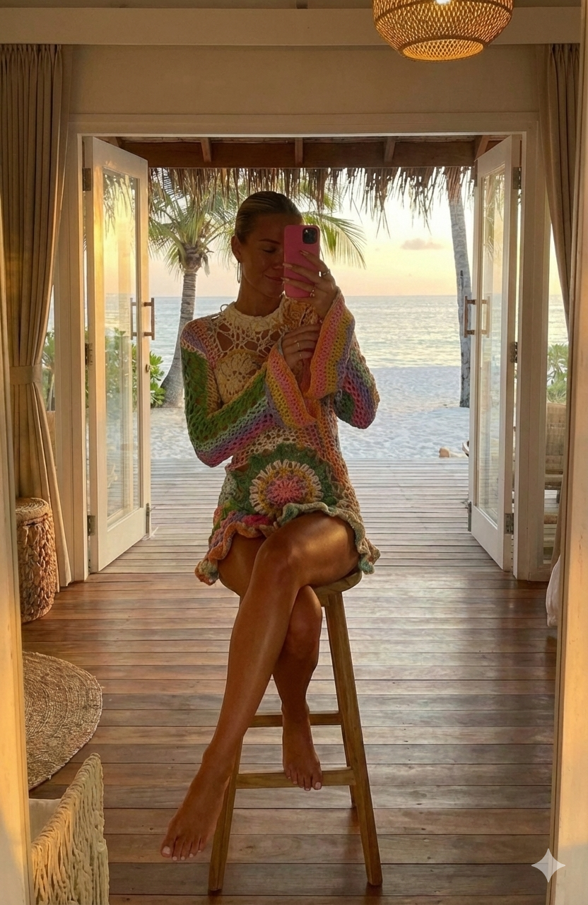 Patch Long Sleeve Floral Crochet Dress