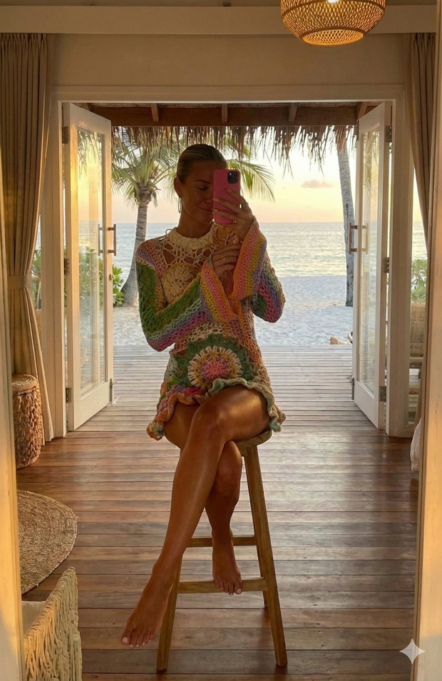 Patch Long Sleeve Floral Crochet Dress