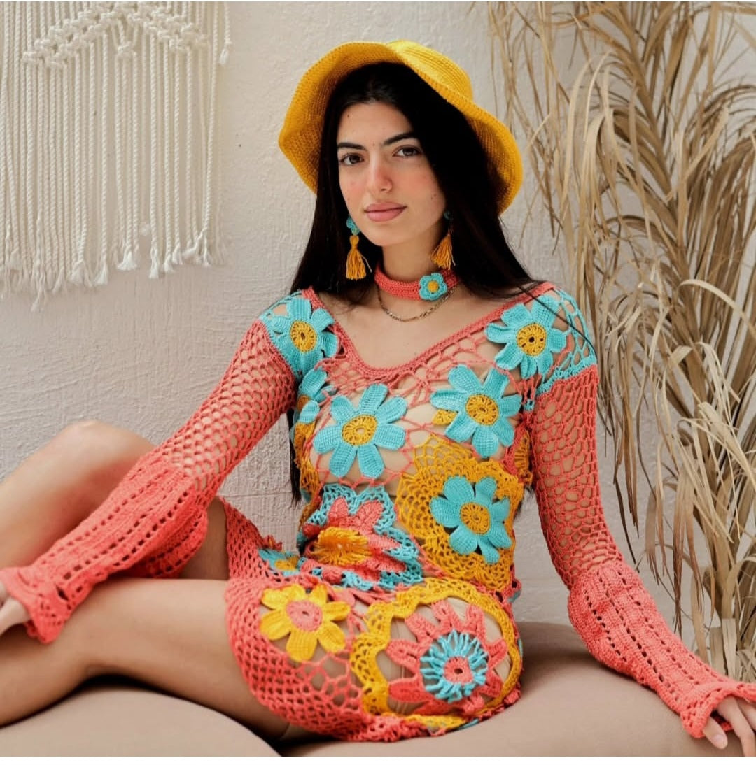 Orange Patch Floral Crochet Dress