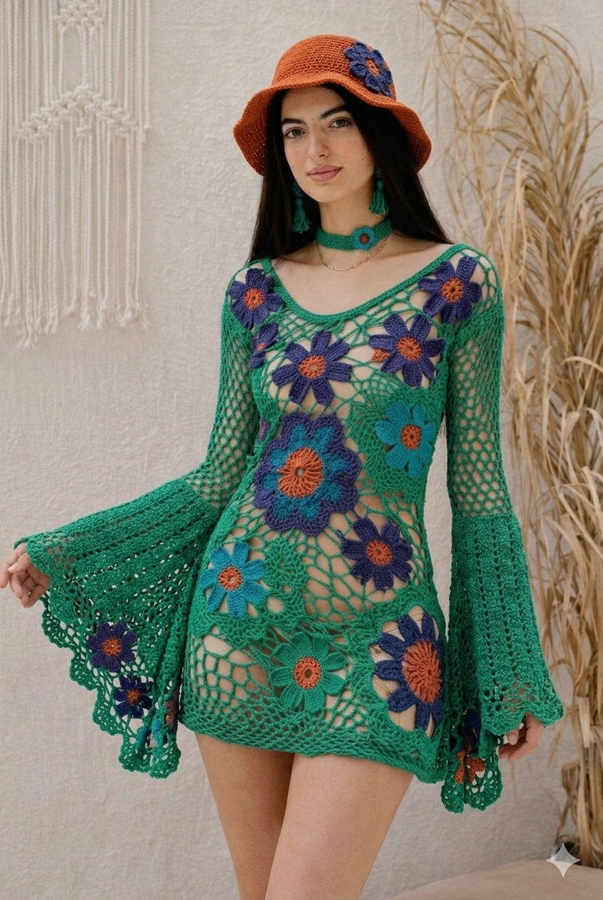 Orange Patch Floral Crochet Dress