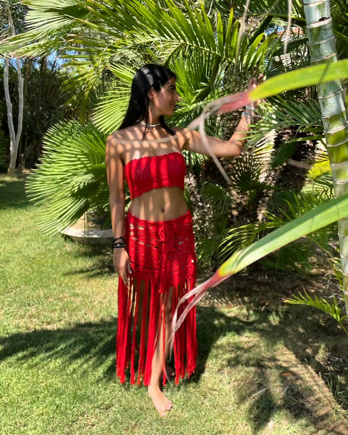 Crimson Boho-Chic Crochet Two-Piece Set
