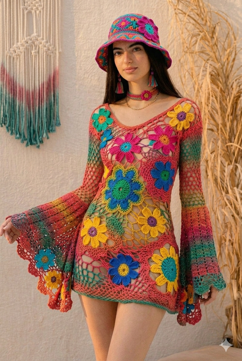 Orange Patch Floral Crochet Dress