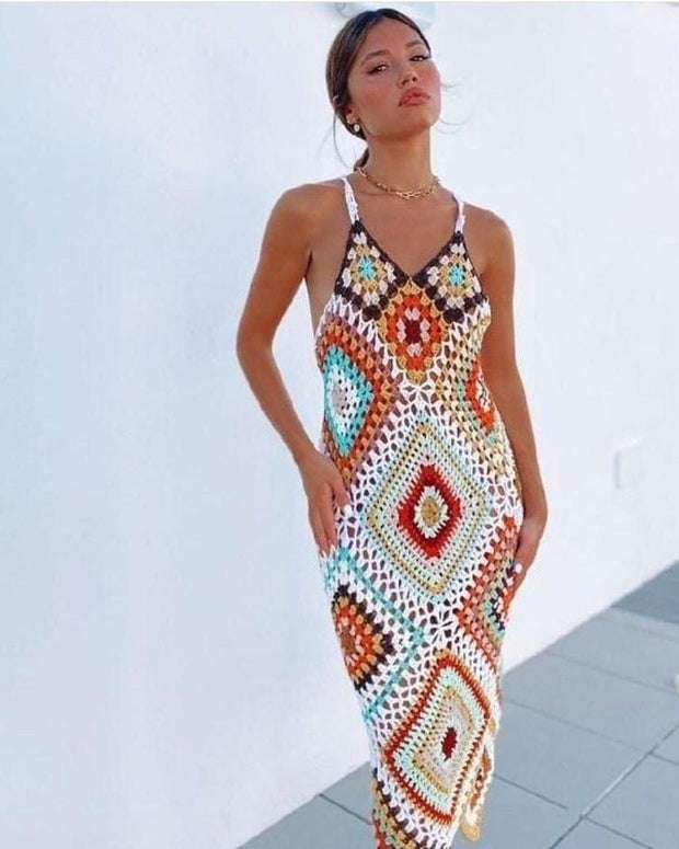 Granny Multicolour Diamond Handmade Crochet Midi/Maxi Dress