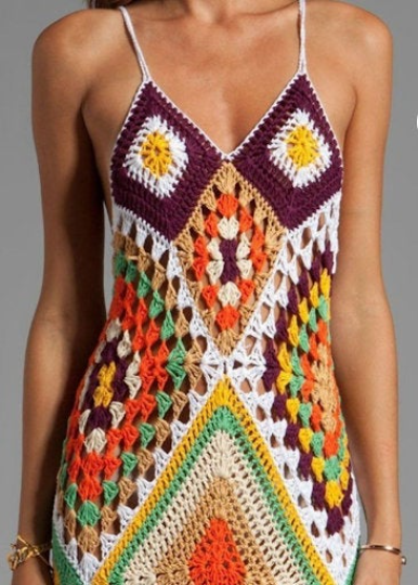 Granny Multicolour Diamond Handmade Crochet Midi/Maxi Dress