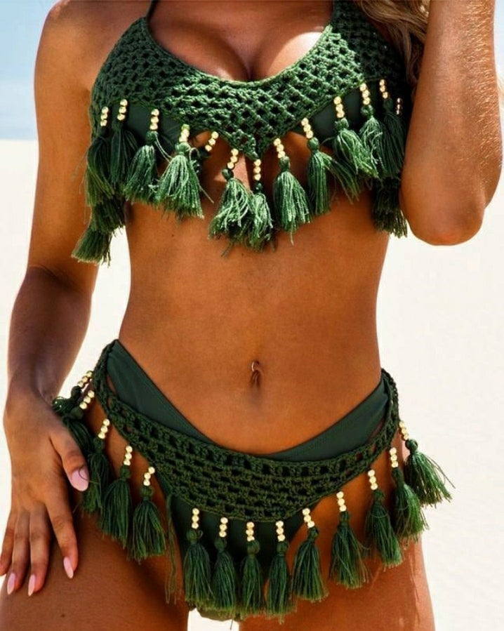 Halter Flapper Crochet 2-piece Swimsuit Cover-up