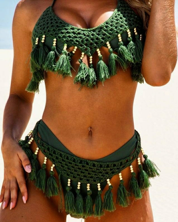 Halter Flapper Crochet 2-piece Swimsuit Cover-up