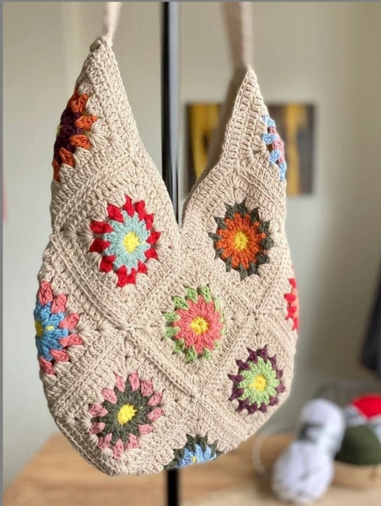 Long Handle Granny Square Crochet Tote bag