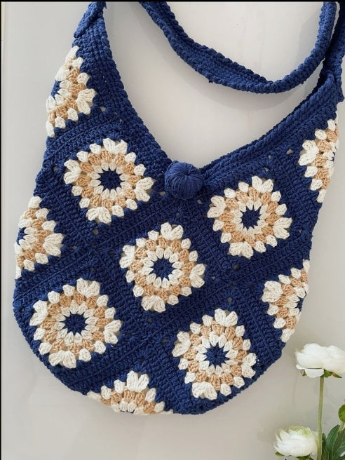 Long Handle Granny Square Crochet Tote bag