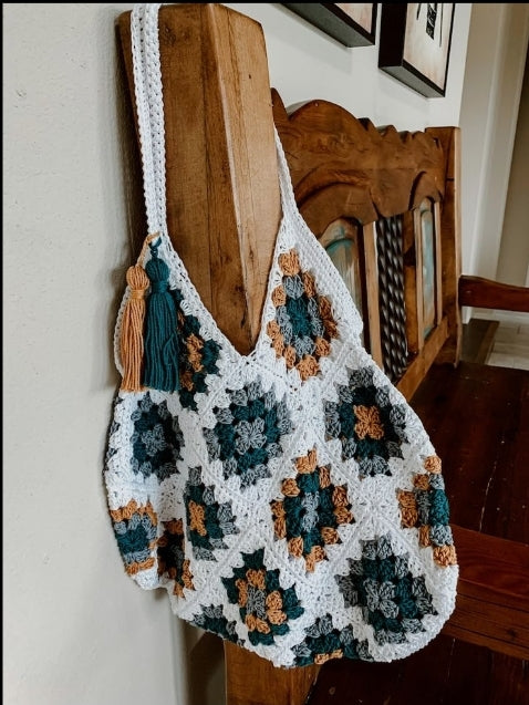 Long Handle Granny Square Crochet Tote bag