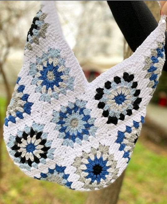 Long Handle Granny Square Crochet Tote bag