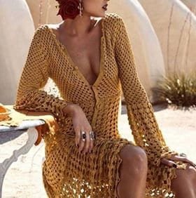 Gypsy Boho Dress - Sexy flowing Crochet - Long bell sleeves - lace crochet dress - Handmade crochet maxi  dress - Hippie mini dress